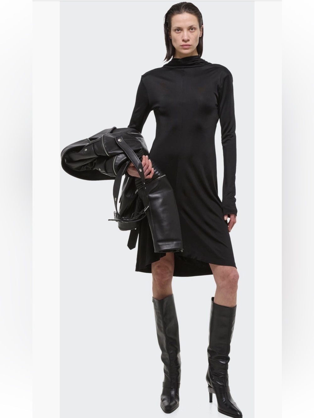 Helmut Lang Black Long-Sleeve Cowl Neck Dress